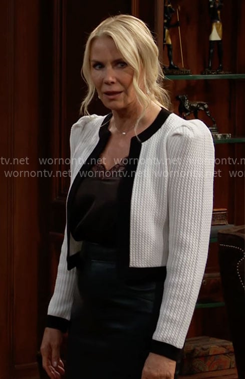 Brooke's white cardigan with black trims on The Bold and the Beautiful