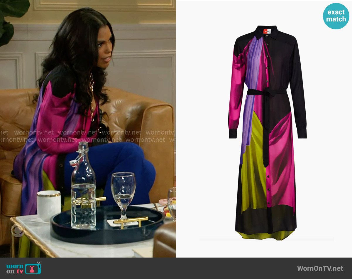 BruceGlen Drape Maxi Shirt Dress worn by Dani Dupree (Karla Mosley) on Beyond the Gates