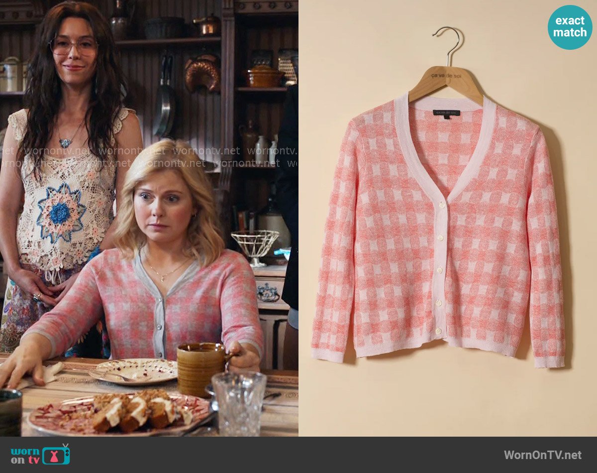 ça va de soi Sylvette cardigan in marshmallow/flamingo worn by Sam (Rose McIver) on Ghosts
