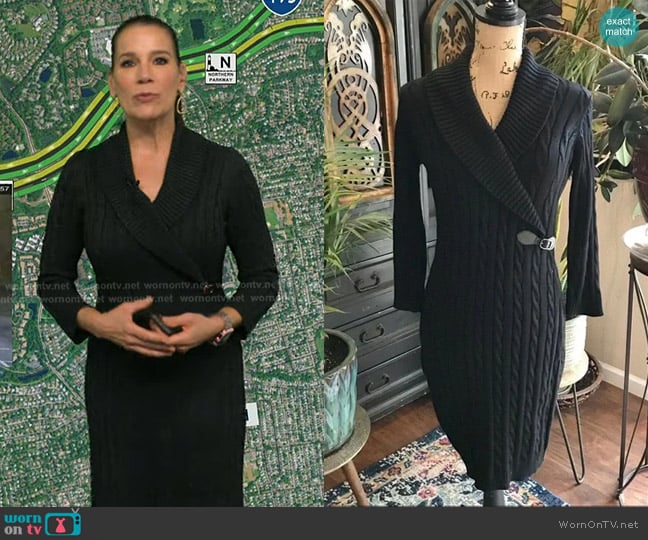 Calvin Klein Cable Knit Buckle Sweater Dress worn by Heather O’Rourke on Good Morning America