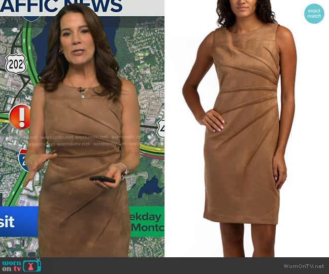 Calvin Klein Faux Suede Starburst Mini Sheath Dress worn by Heather O’Rourke on Good Morning America