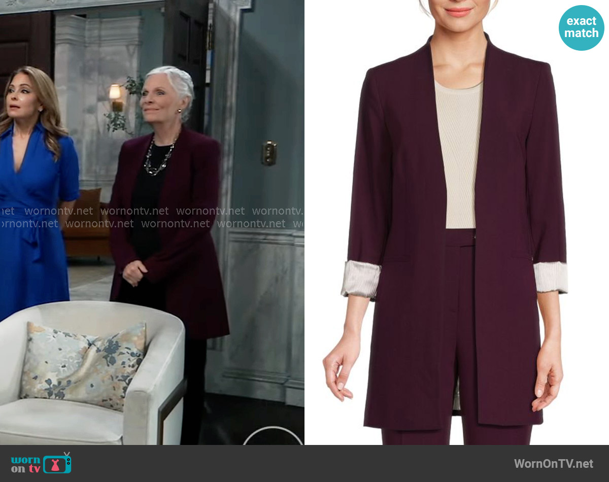 Calvin Klein ​Open-Front Longline Blazer in Aubergine worn by Ava Jerome (Maura West) on General Hospital