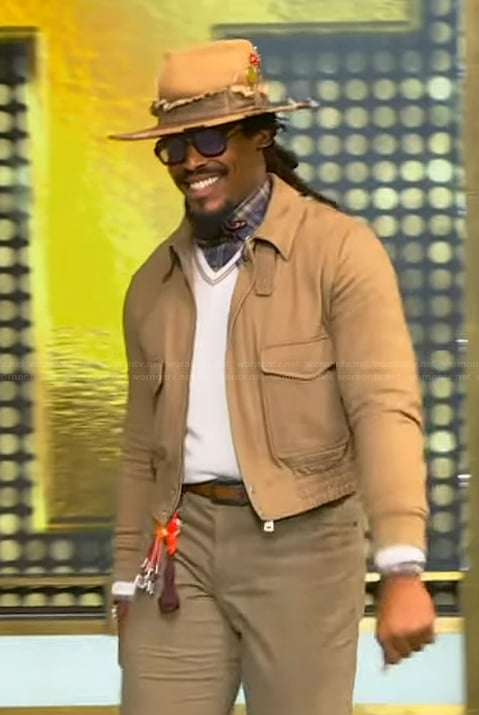 Cam Newton’s khaki jacket on Tamron Hall Show