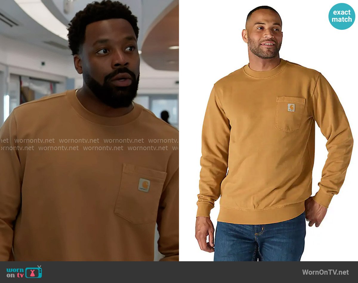 Carhartt Relaxed Fit Midweight Garment Dye French Terry Crewneck Pocket Sweatshirt in Carhartt Brown worn by Kevin Atwater (LaRoyce Hawkins) on Chicago PD