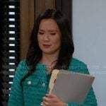 Caroline’s green tweed jacket with jewel buttons on Beyond the Gates