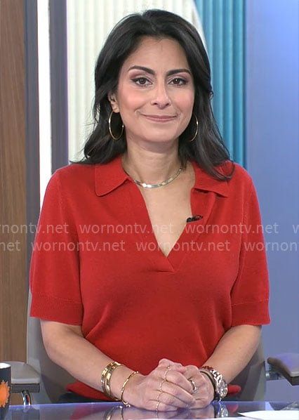 Celine Gounder's red polo sweater on CBS Mornings