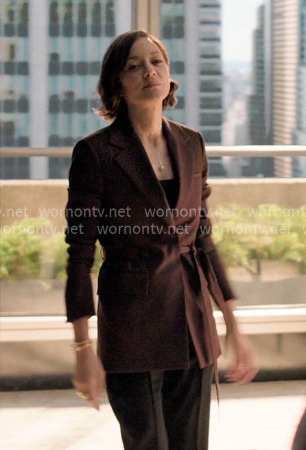 Celine's burgundy tie-waist blazer on The Morning Show