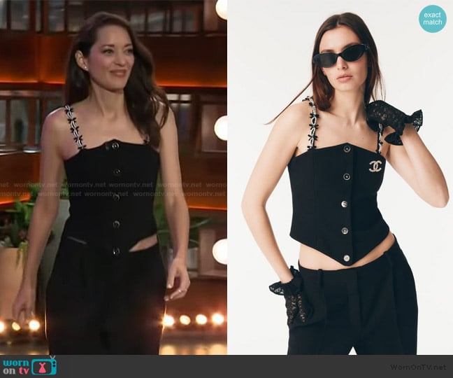 Chanel Wool Crepe Embroided with Imitation Pearls worn by Marion Cotillard on The Kelly Clarkson Show