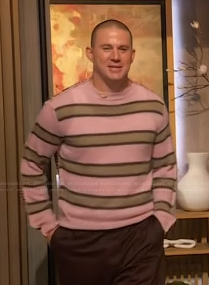 Channing's pink striped sweater on The Drew Barrymore Show
