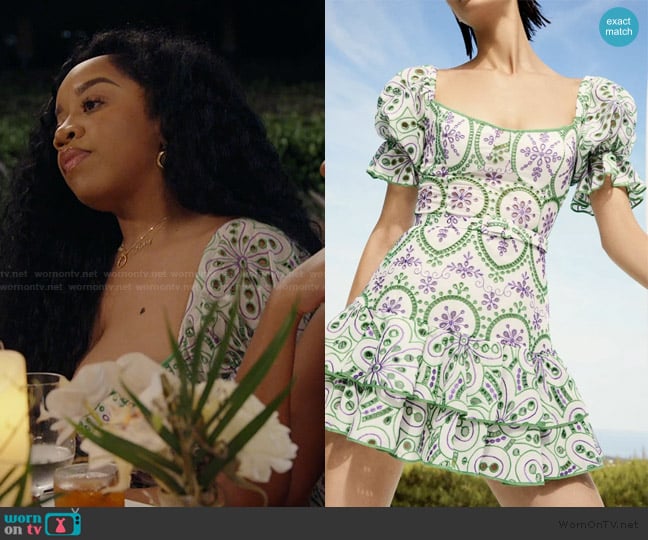 Charo Ruiz Jean Broderie Anglaise Cotton-Blend Mini Dress worn by Angel Massie on The Real Housewives of Potomac