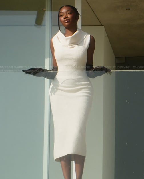 Chelsea's white knit drape dress on Selling Sunset