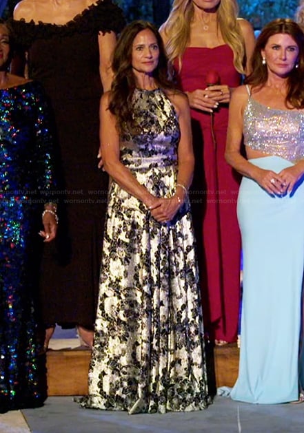 Cheryl's floral metallic halter dress on The Golden Bachelor