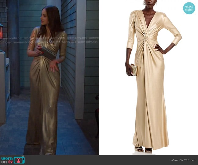 Chiara Boni La Petite Robe Arata Twist Front Long Gown in gold worn by Stephanie Johnson (Abigail Klein) on Days of our Lives