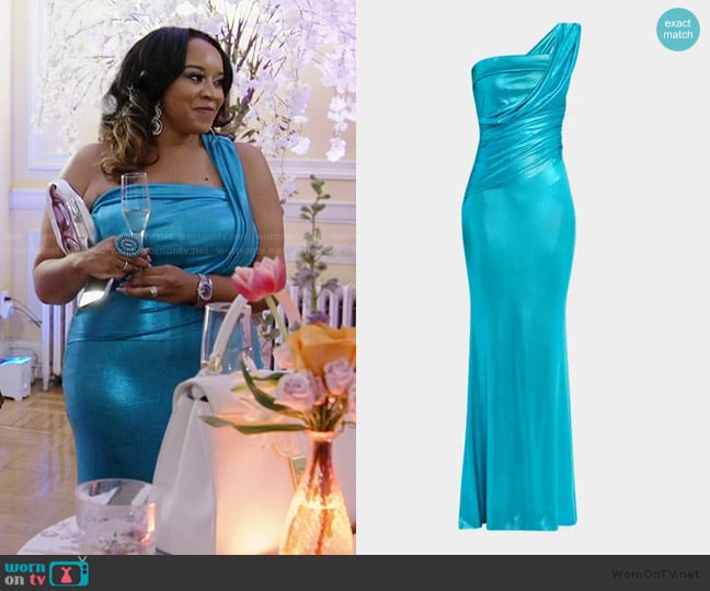 Chiara Boni La Petite Robe Ruched One-Shoulder Shimmer Column Gown worn by Angel Massie on The Real Housewives of Potomac
