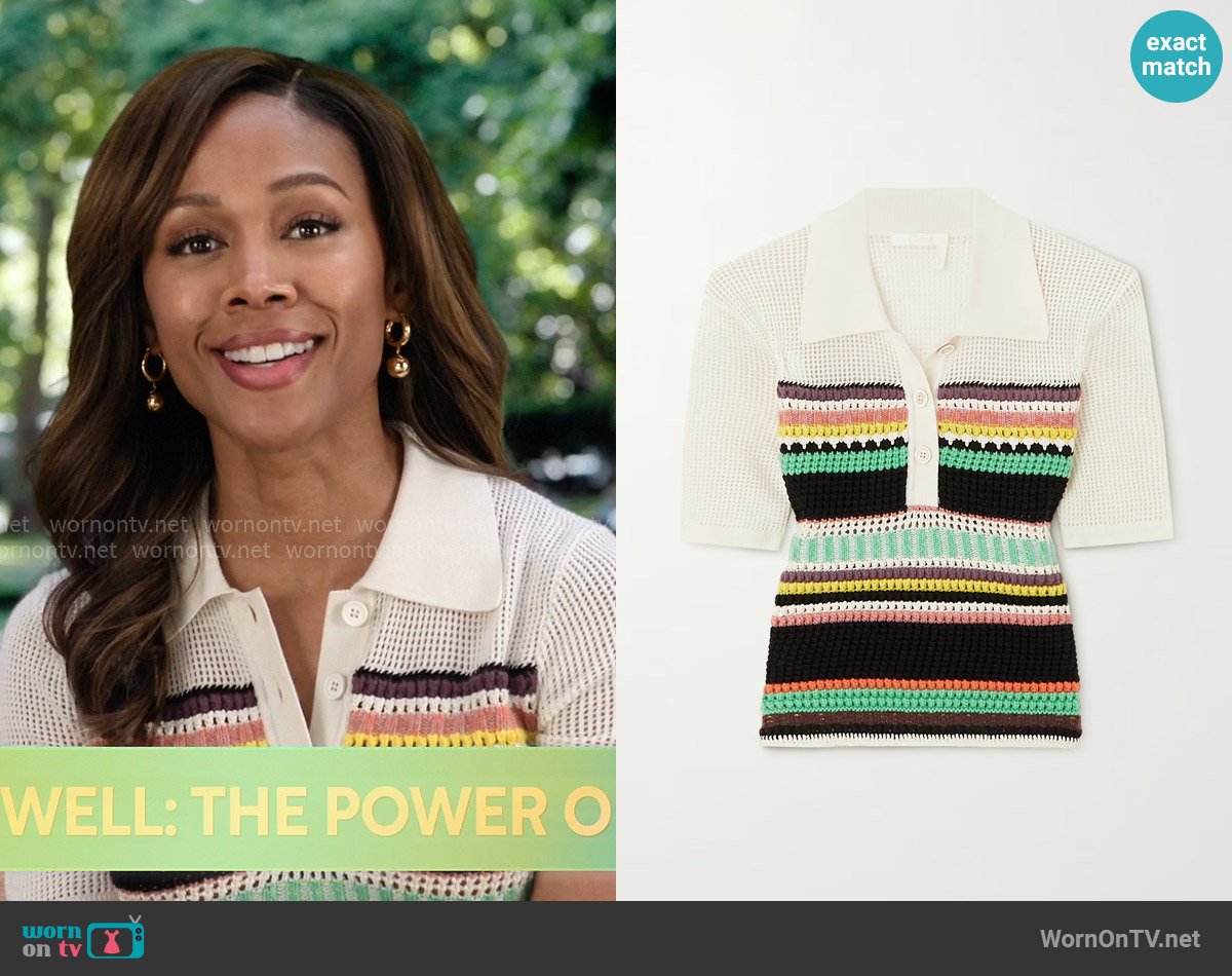 Chloe Striped crochet-paneled wool polo shirt worn by Christina Hunter (Nicole Beharie) on The Morning Show
