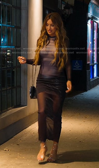 Chrishell's navy mesh long dress on Selling Sunset