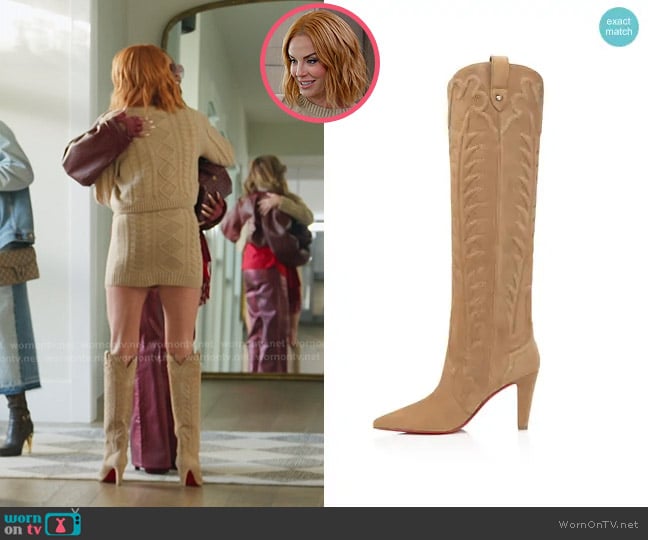 Christian Louboutin Santia Suede Knee-High Red Sole Western Boots in Beige worn by Whitney Rose on The Real Housewives of Salt Lake City