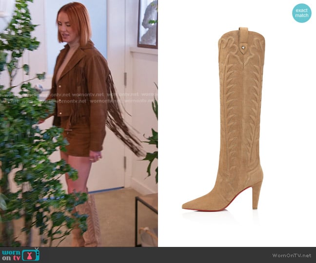 Christian Louboutin Santia Suede Knee-High Red Sole Western Boots worn by Whitney Rose on The Real Housewives of Salt Lake City