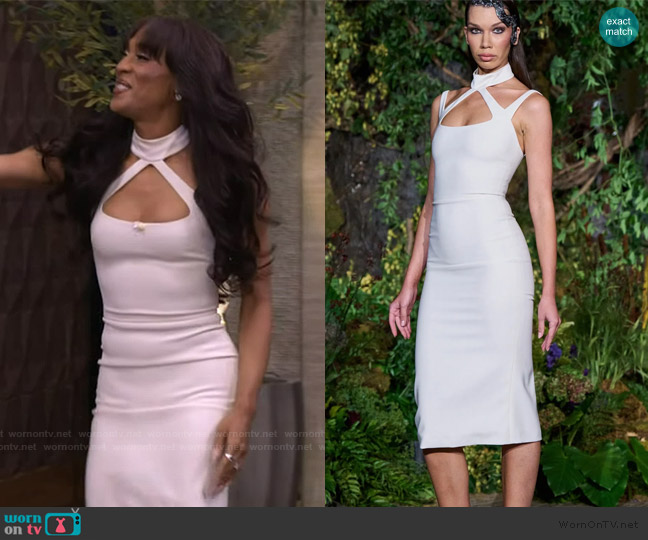 Christian Siriano White Criss Cross Halter Midi Dress worn by Michaela Jae on Live with Kelly and Mark