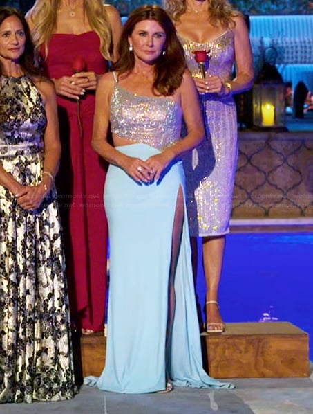 Cindy's blue cutout one shoulder dress on The Golden Bachelor