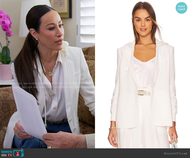 Cinq a Sept Hooded Khloe Jacket in Ivory worn by Angie Katsanevas on The Real Housewives of Salt Lake City