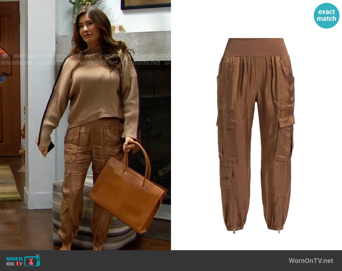 Cinq a Sept Raven Cargo Parachute Pants in Brown Sandstone worn by Steffy Forrester (Jacqueline MacInnes Wood) on The Bold and the Beautiful