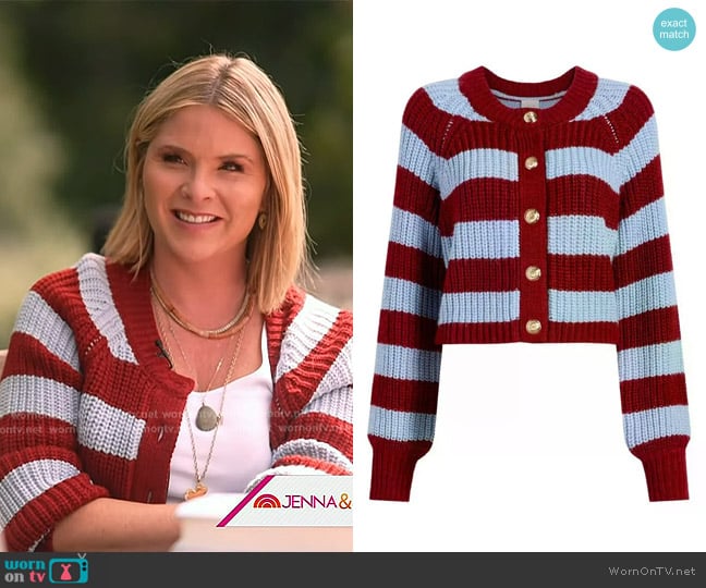 Cinq a Sept Striped Millie Cardigan in Misty Blue/Bordeaux worn by Jenna Bush Hager on Today