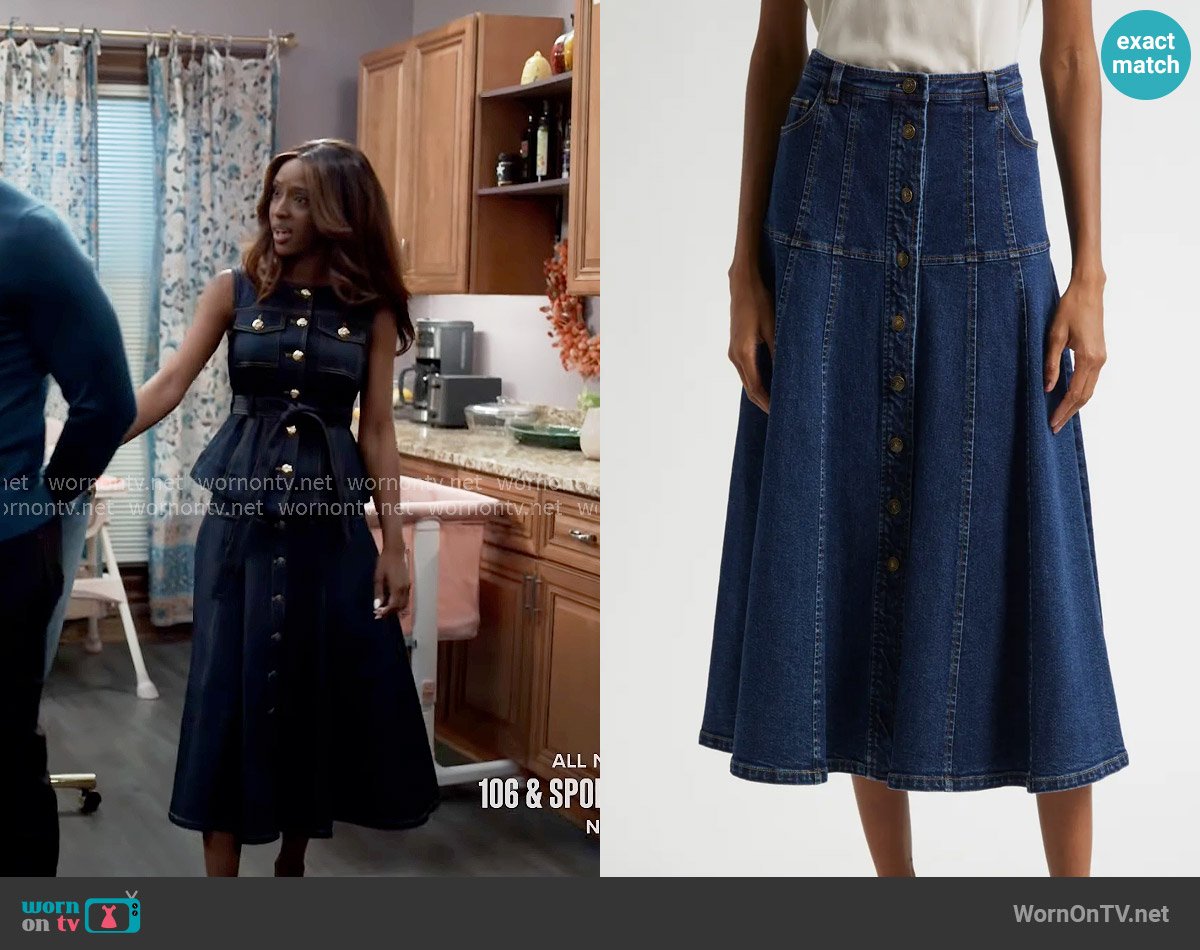 Cinq a Sept Veena Denim Skirt worn by Karen Mott (Ebony Obsidian) on Tyler Perrys Sistas