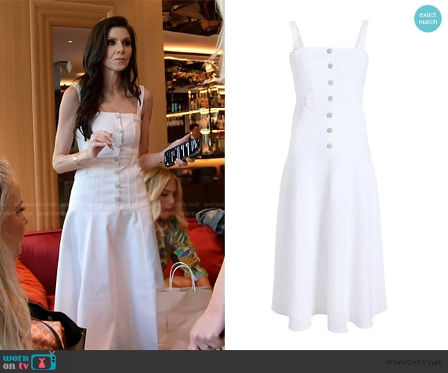 Cinq a Sept Veena Denim Strapless Midi-Dress worn by Heather Dubrow on The Real Housewives of Orange County