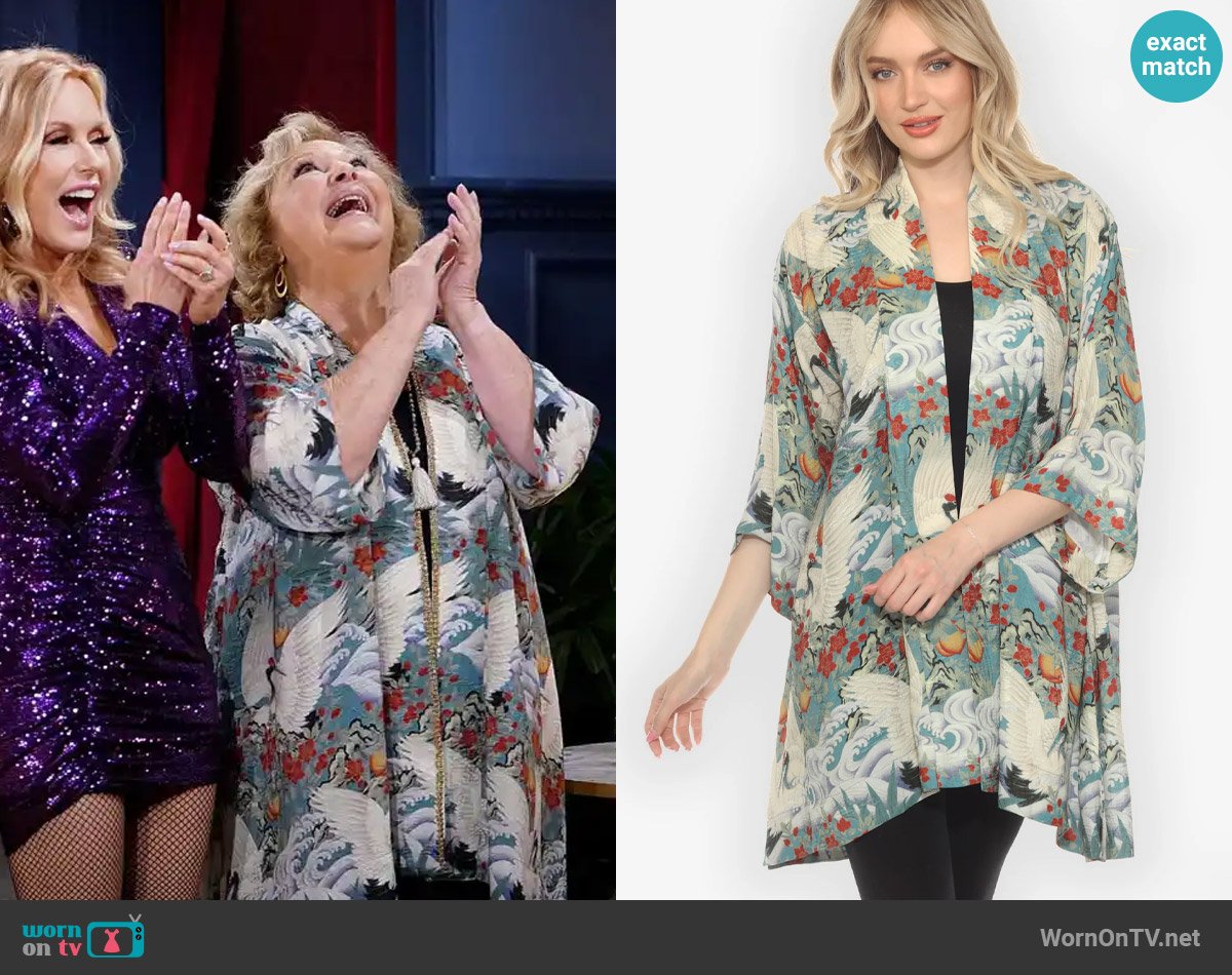 Citron Crane in Jungle Silk Kimono Jacket worn by Traci Abbott (Beth Maitland) on The Young and the Restless