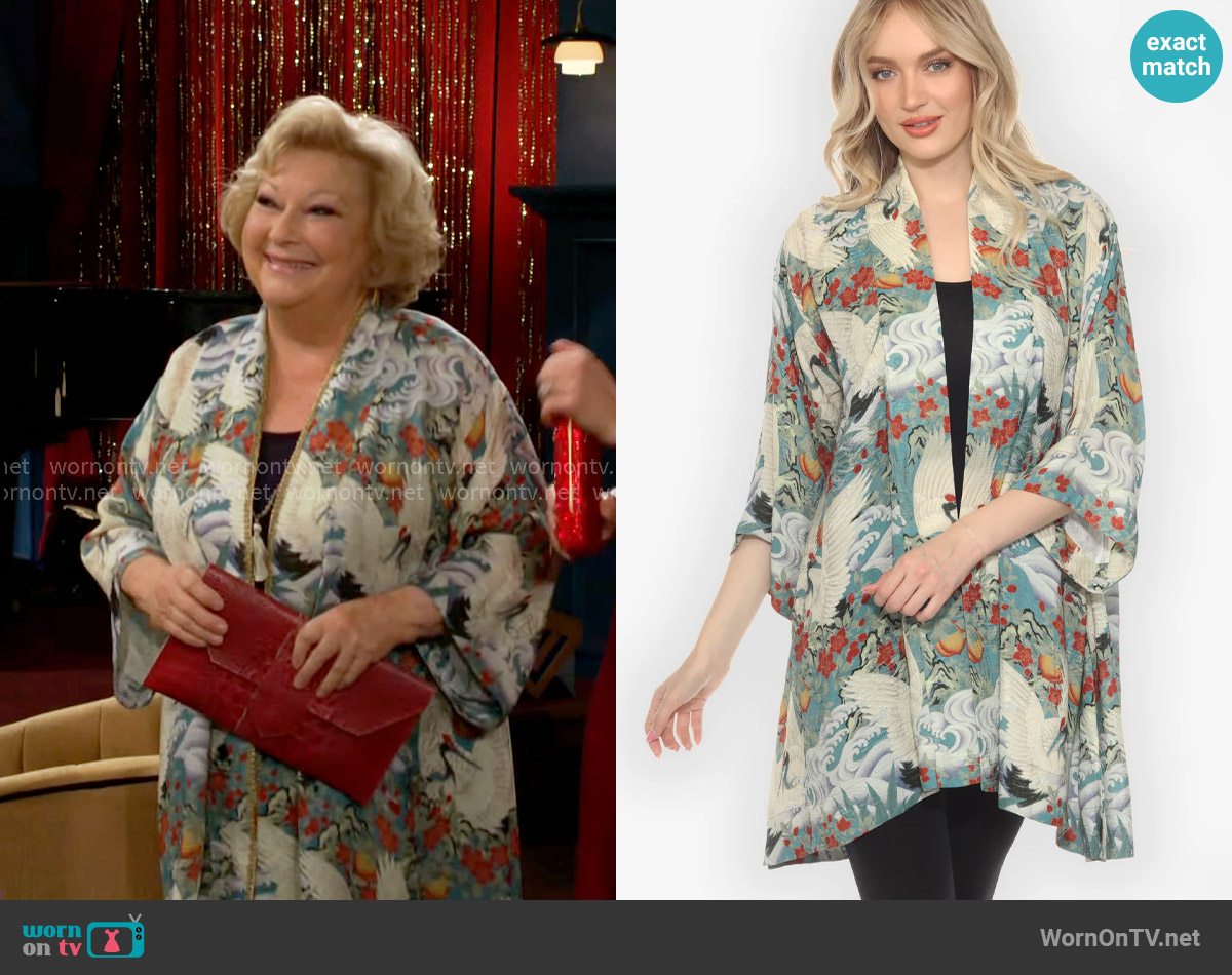Traci’s crane print kimono on The Young and the Restless Traci’s crane print kimono on The Young and the Restless