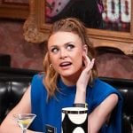 Claire’s blue padded shoulder dress on The Young and the Restless