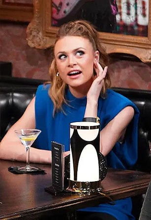 Claire's blue padded shoulder dress on The Young and the Restless