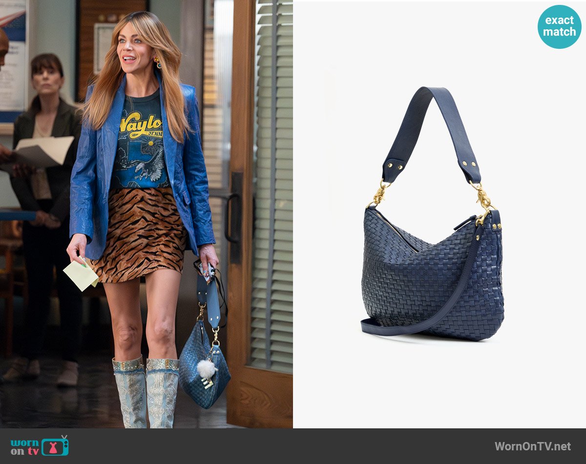 Clare V Moyen Messenger in Bleu Marine Woven Checker worn by Morgan Gillory (Kaitlin Olson) on High Potential