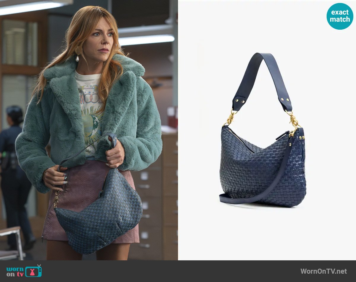 Clare V Moyen Messenger in Bleu Marine Woven Checker worn by Morgan Gillory (Kaitlin Olson) on High Potential