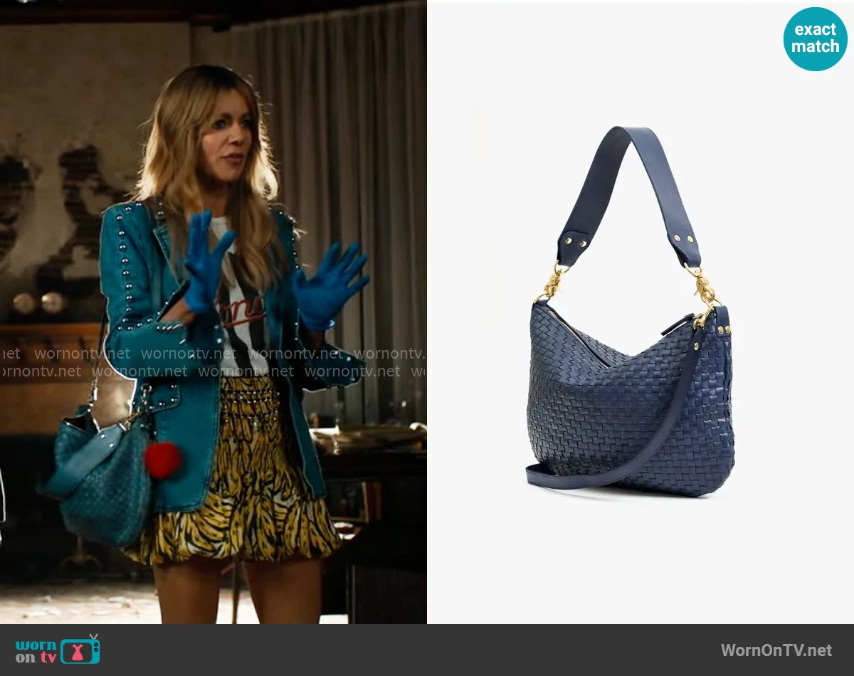 Clare V Moyen Messenger in Bleu Marine Woven Checker worn by Morgan Gillory (Kaitlin Olson) on High Potential