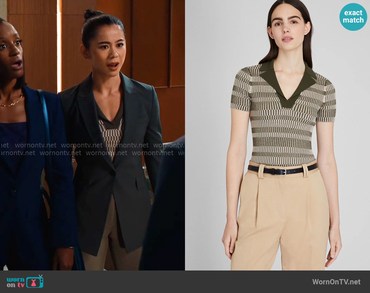 Club Monaco Ribbed Johnny Collar Sweater Tee in Green Mix worn by Sarah Franklin (Leah Lewis) on Matlock