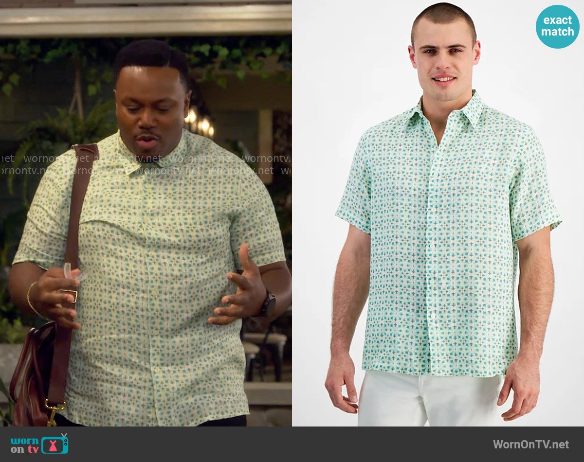 Club Room Ray Medallion Linen Short Sleeve Shirt worn by Marty (Marcel Spears) on The Neighborhood