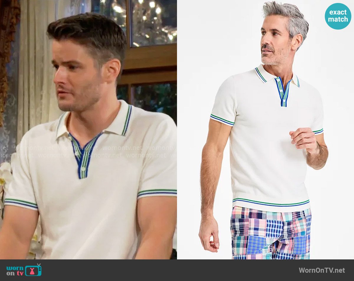 Club Room Stripe-Trim Sweater-Knit Polo Shirt worn by Kyle Abbott (Michael Mealor) on The Young and the Restless