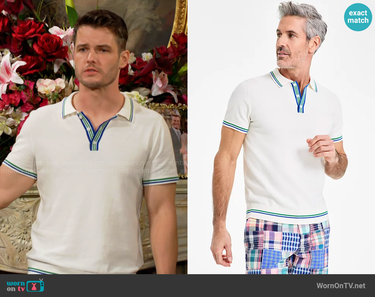 Club Room Stripe-Trim Sweater-Knit Polo Shirt worn by Kyle Abbott (Michael Mealor) on The Young and the Restless