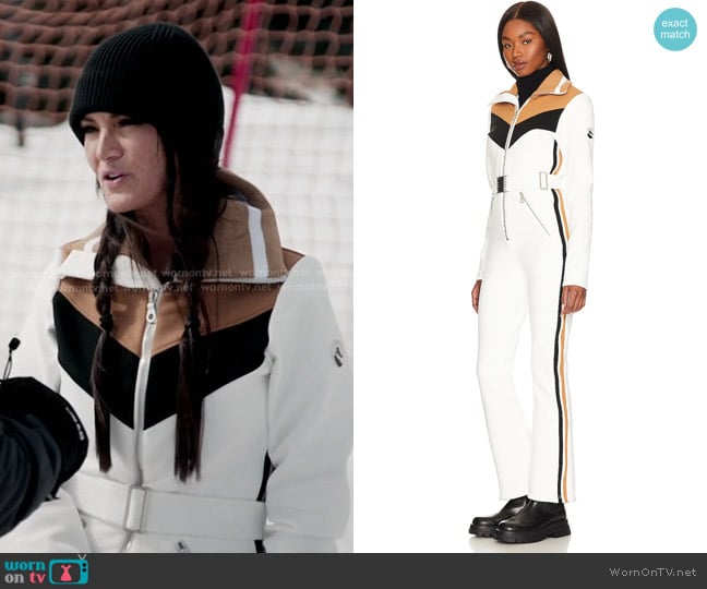 Cordova Avorias 1800 Ski Suit in Cloud, Caramel, & Onyx worn by Lisa Barlow on The Real Housewives of Salt Lake City
