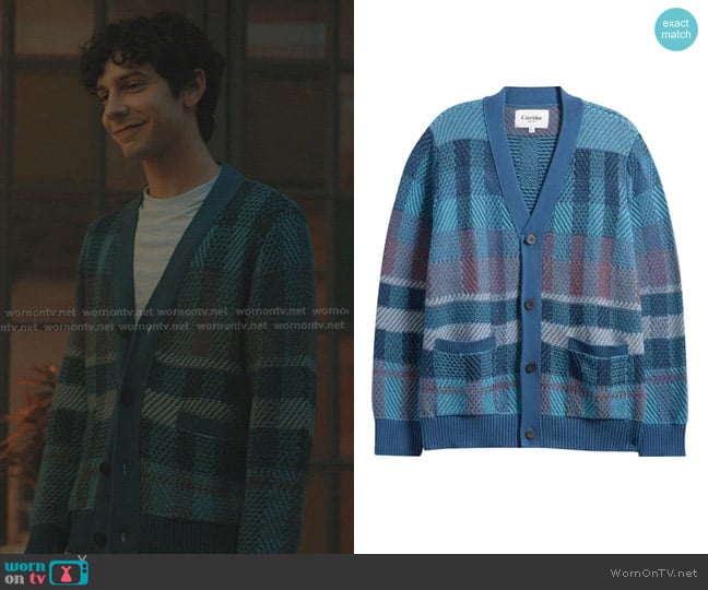 Corridor Blow Up Plaid Cardigan in Blue worn by Teddy Tascioni (Ben Levi Ross) on Elsbeth