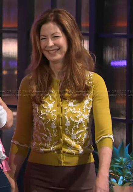 Dana Delany’s yellow embroidered cardigan on The Kelly Clarkson Show