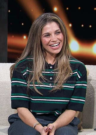 Danielle Fishel's navy striped polo top on Access Hollywood
