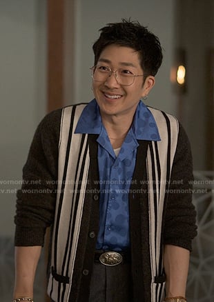 Daniel's blue polka dot shirt and black striped cardigan on Reasonable Doubt