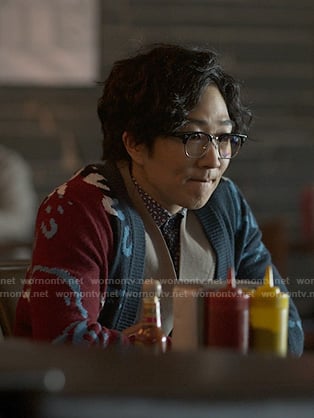 Danie's red and blue print cardigan on Reasonable Doubt