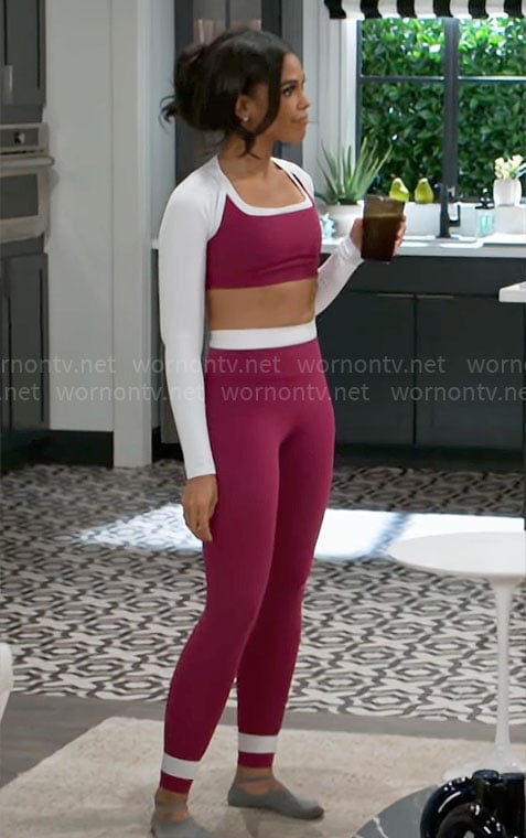 Dani’s pink and white sports bra and leggings on Beyond the Gates