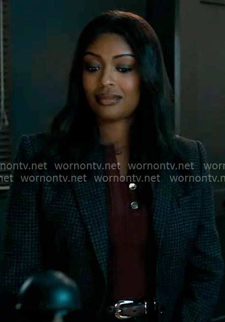 Daphne’s burgundy pointelle knit top and houndstooth blazer on High Potential