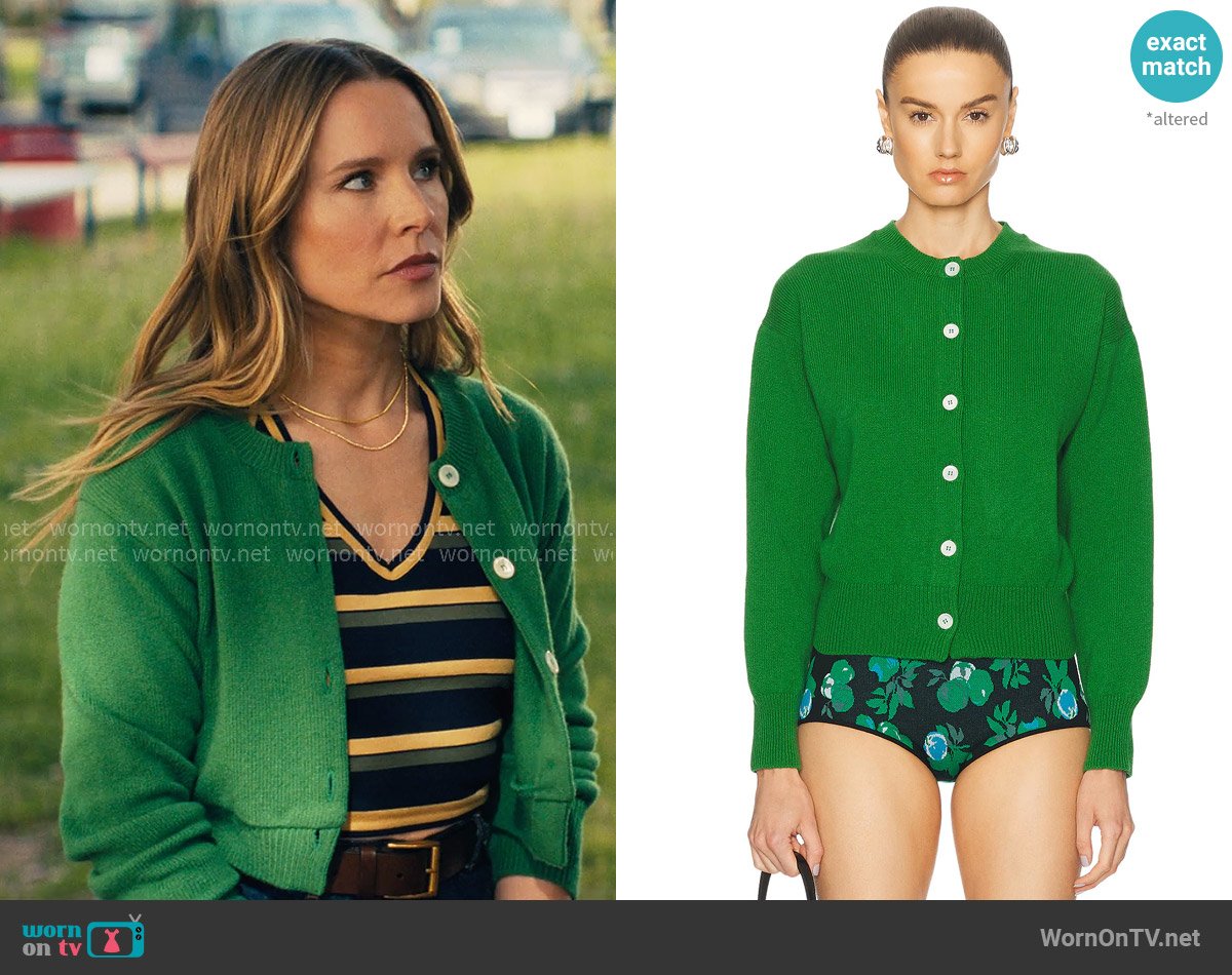 &Daughter Ada Crewneck Cardigan in Pagoda Green worn by Joanne (Kristen Bell) on Nobody Wants This