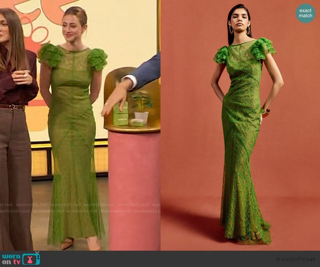 De La Vali Nephele Maxi Dress in Spring Green Lace worn by Lili Reinhart on The Drew Barrymore Show